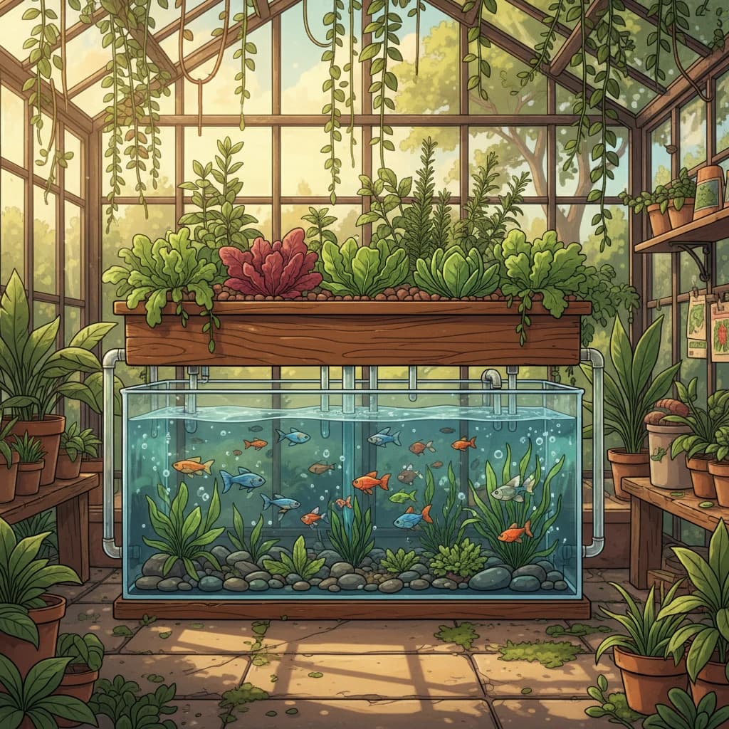 A beautiful aquaponic system showing fish in a tank below and plants growing above
