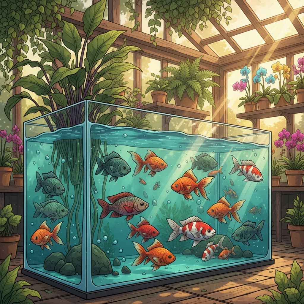 Popular aquaponic fish species — tilapia, goldfish, koi, and trout in clean water