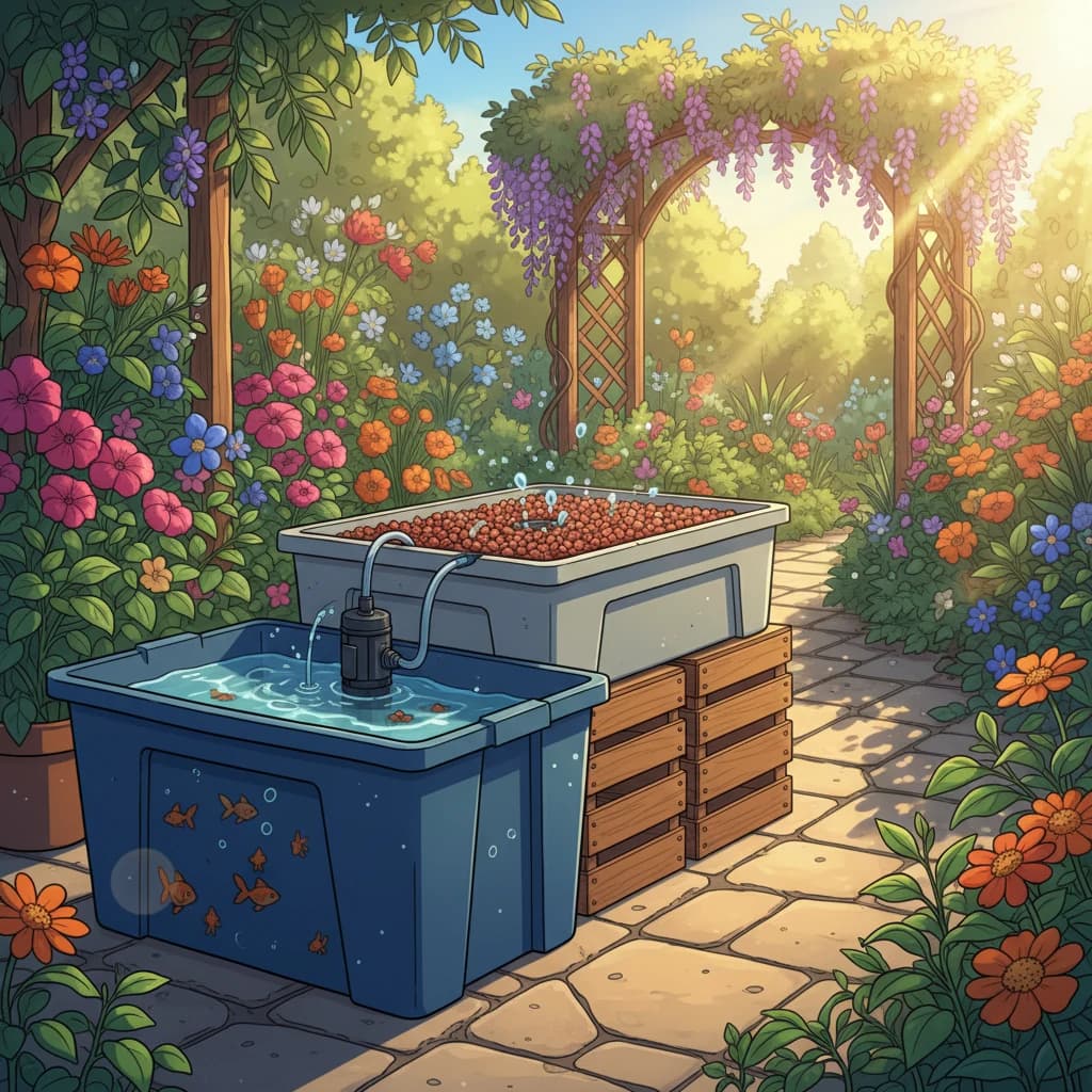 A DIY aquaponic starter system being assembled on a patio