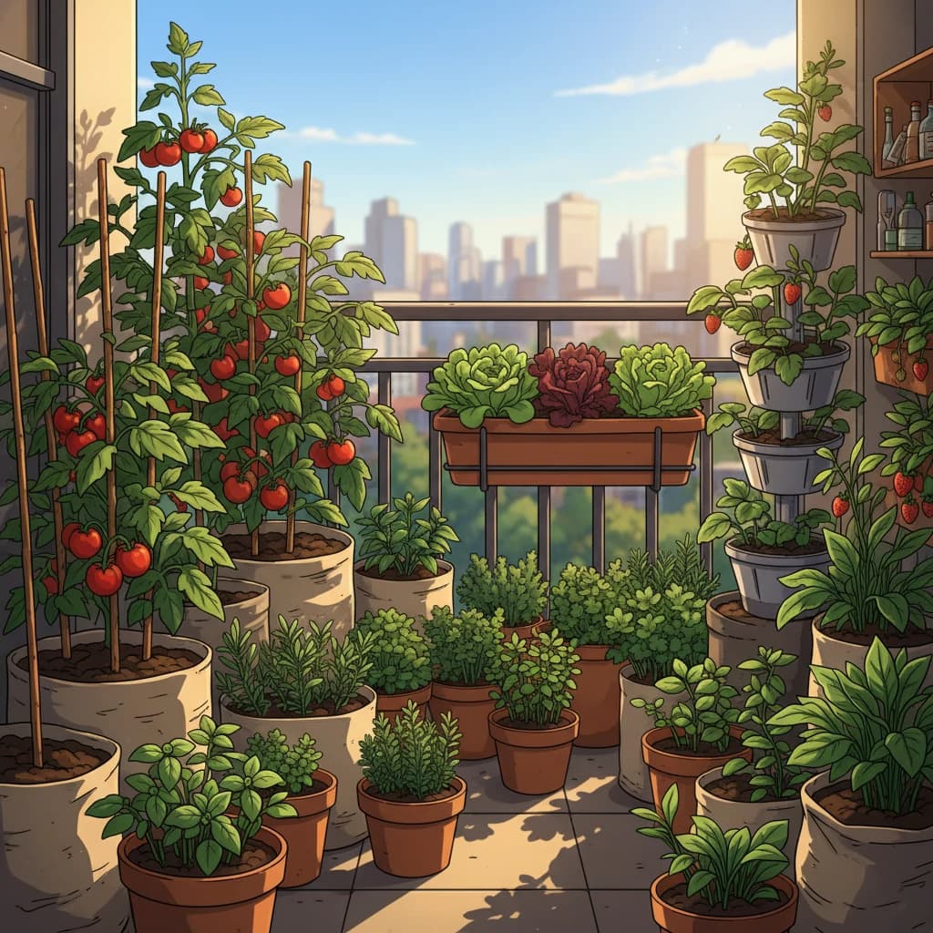 A productive balcony container garden with fabric grow bags, pots, and vertical planters