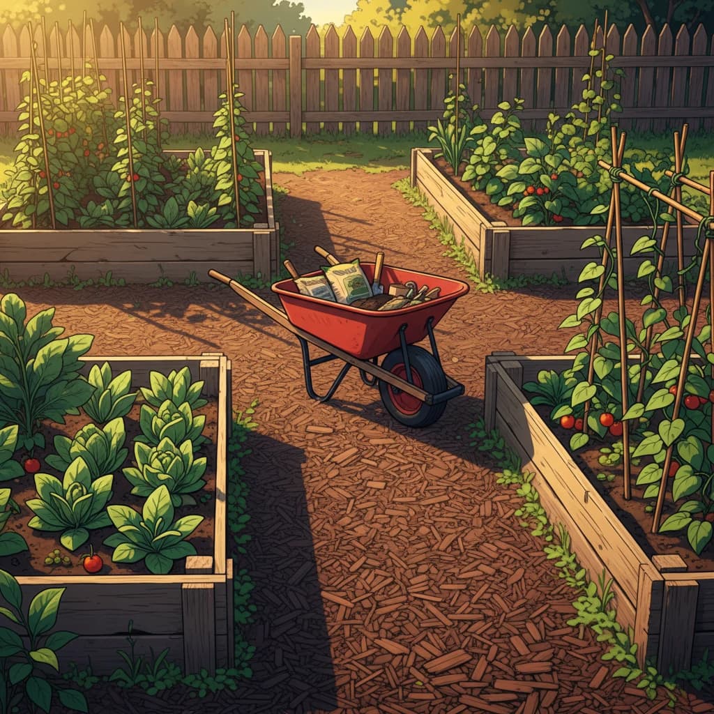 A well-designed garden with mulched pathways between raised beds