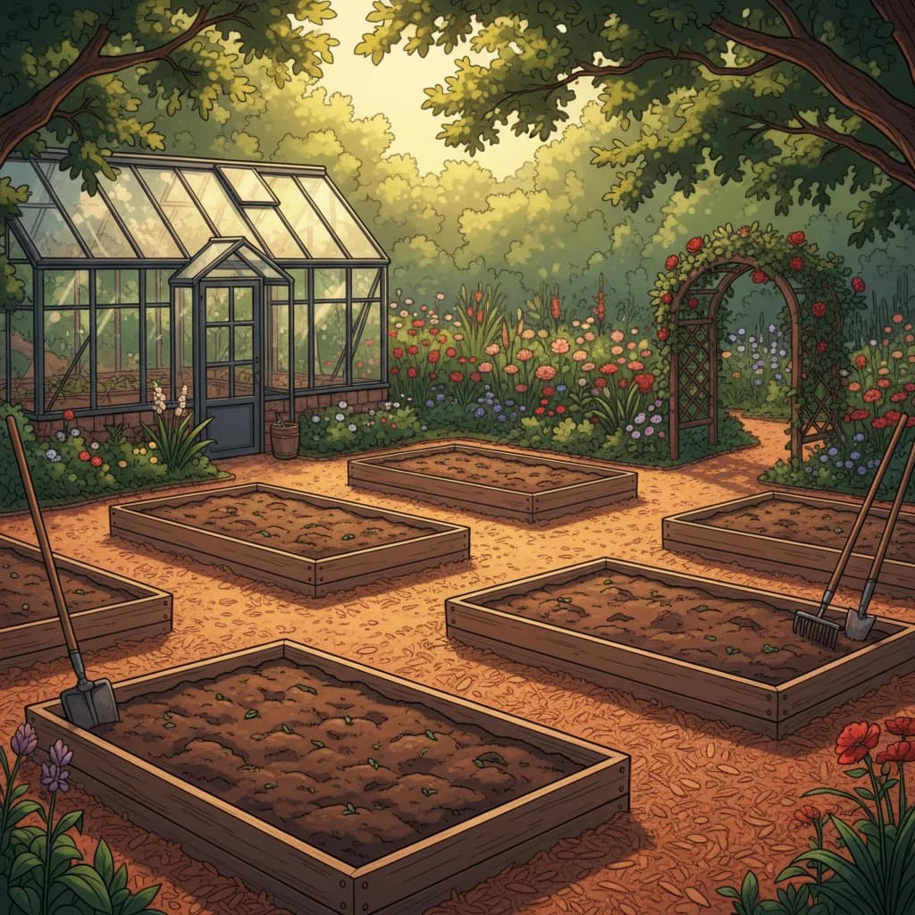 A completed garden setup ready for planting — beds filled, containers arranged, paths mulched