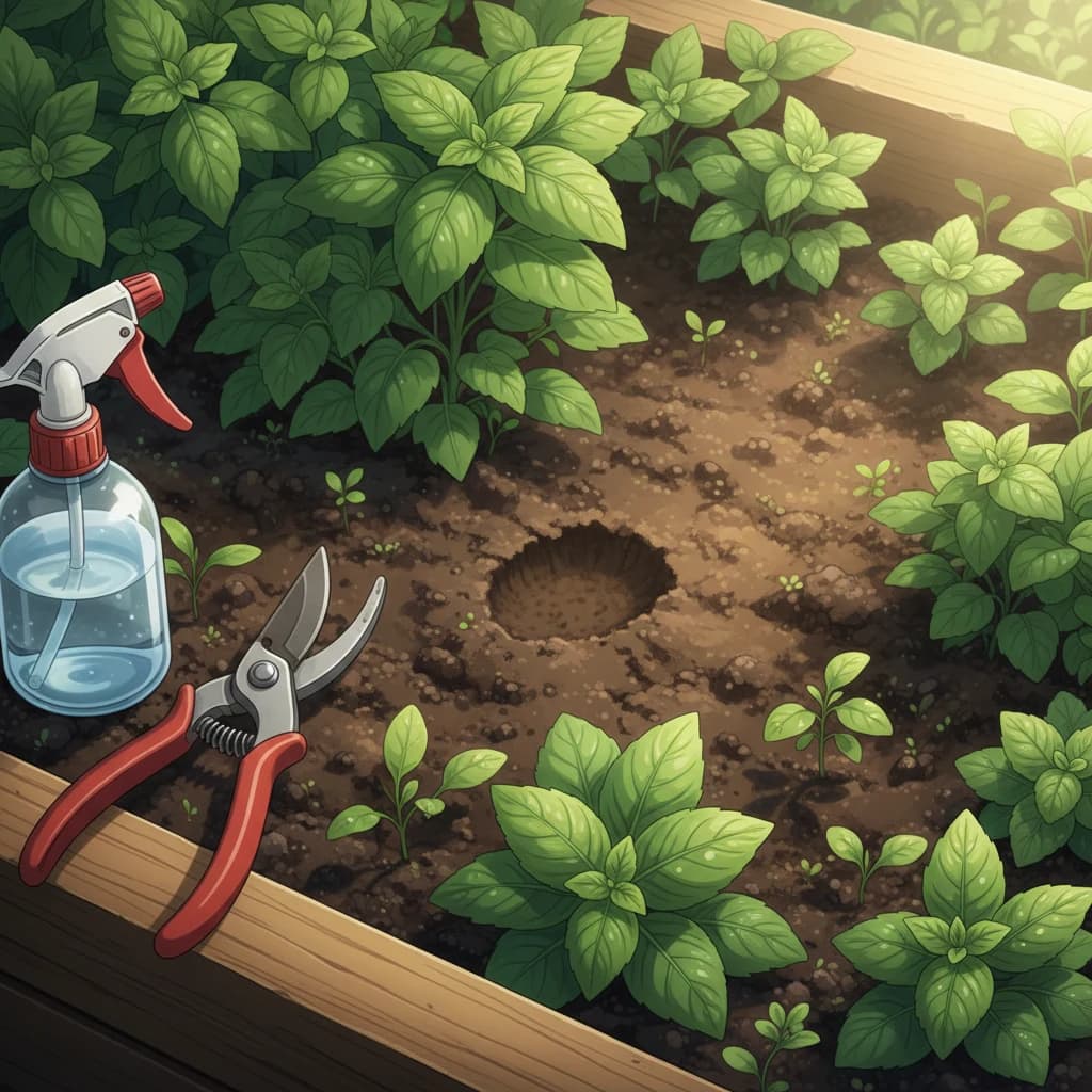 A morning garden check — moist soil, healthy leaves, tools ready nearby