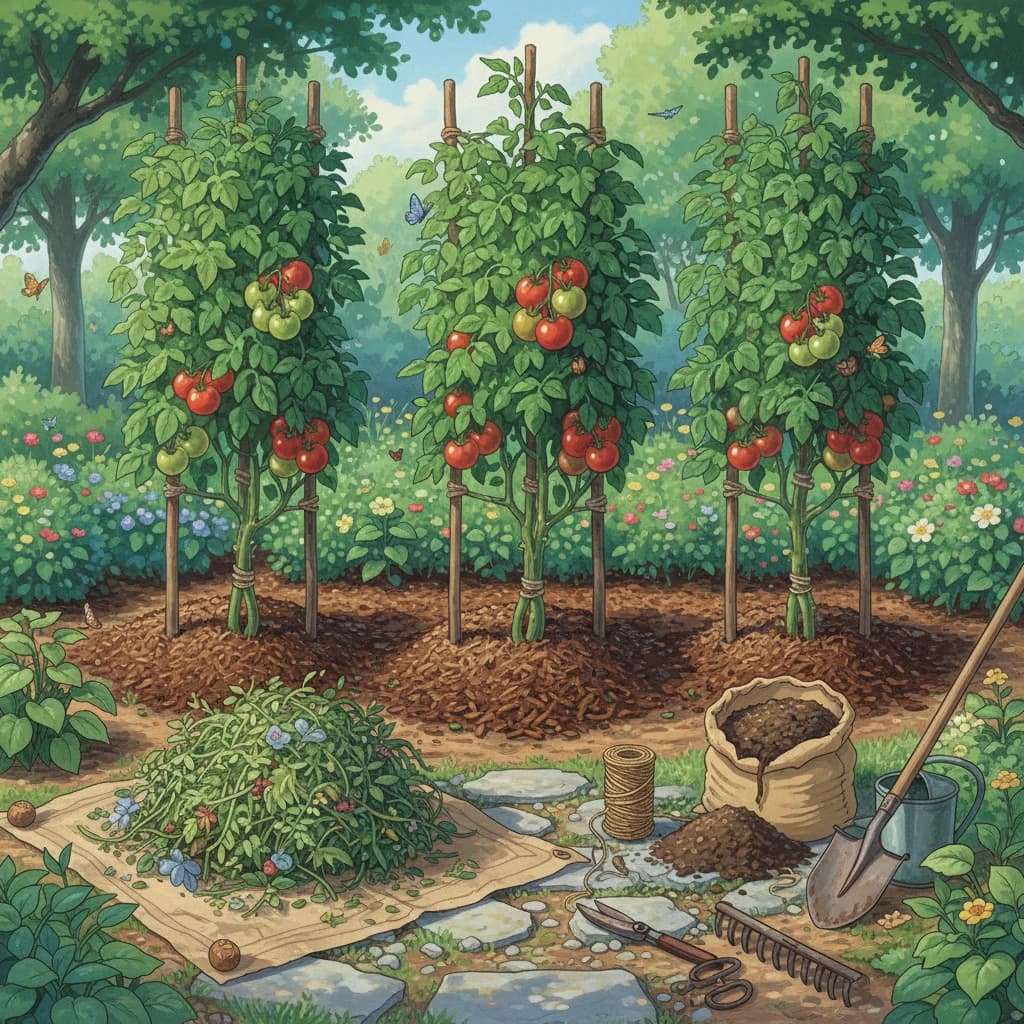 Weekend garden care — fresh mulch, pulled weeds, tomatoes tied to stakes