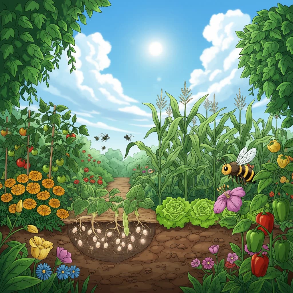 Diagram showing the four mechanisms of companion planting — pest control, nutrients, support, pollination