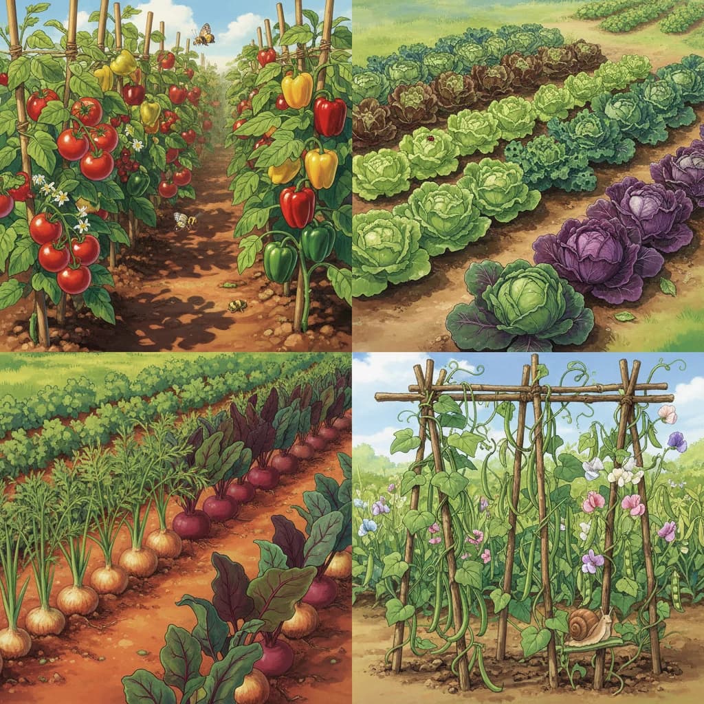 Four plant family groups shown visually — leafy greens, fruiting crops, root vegetables, and legumes