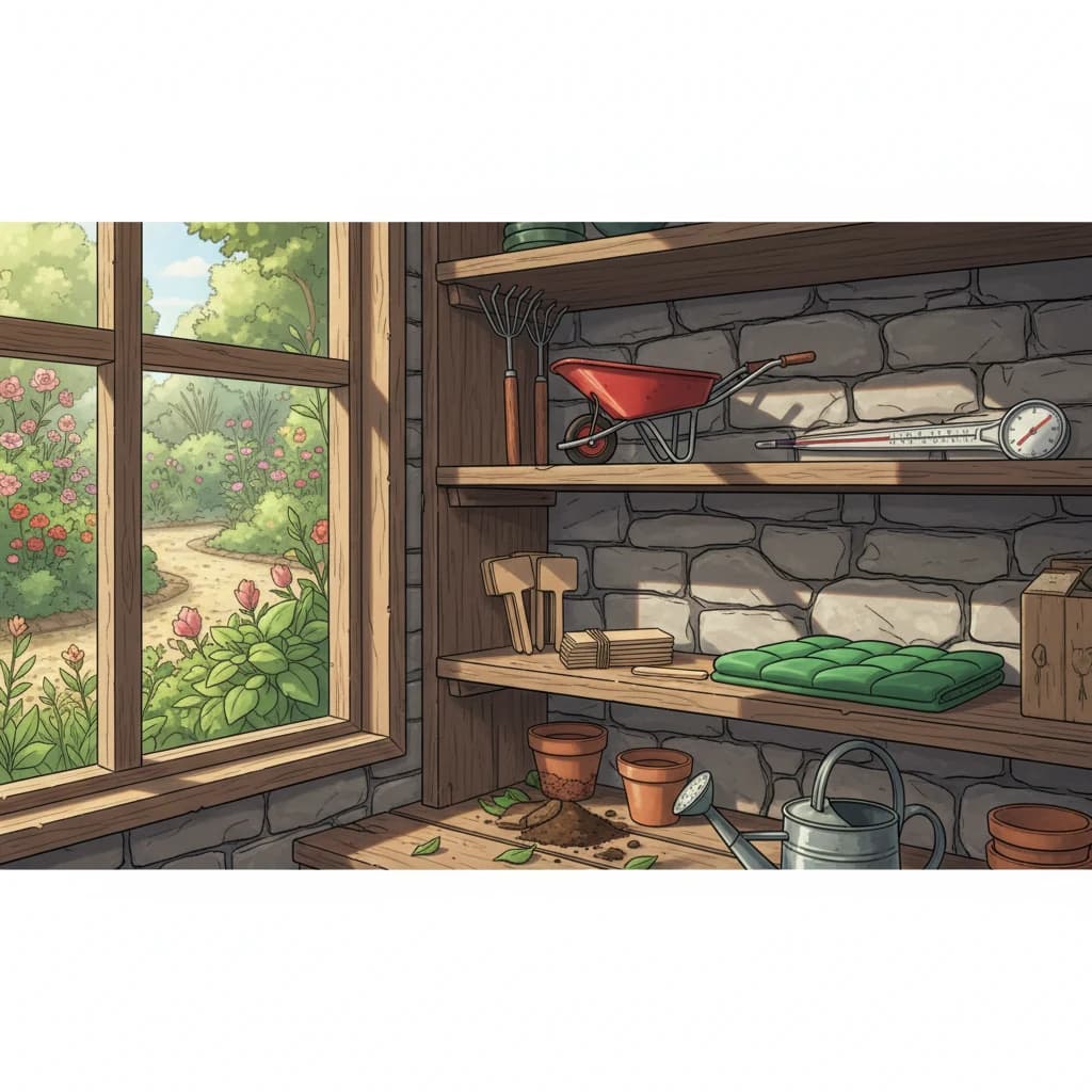 Additional tools displayed — wheelbarrow, rake, soil test kit