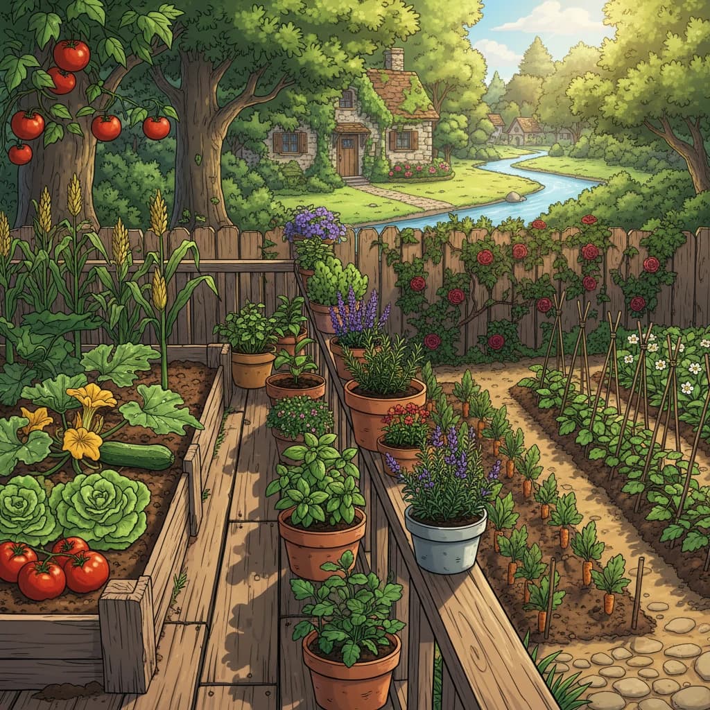 Various growing spaces — raised bed, containers on a balcony, in-ground garden