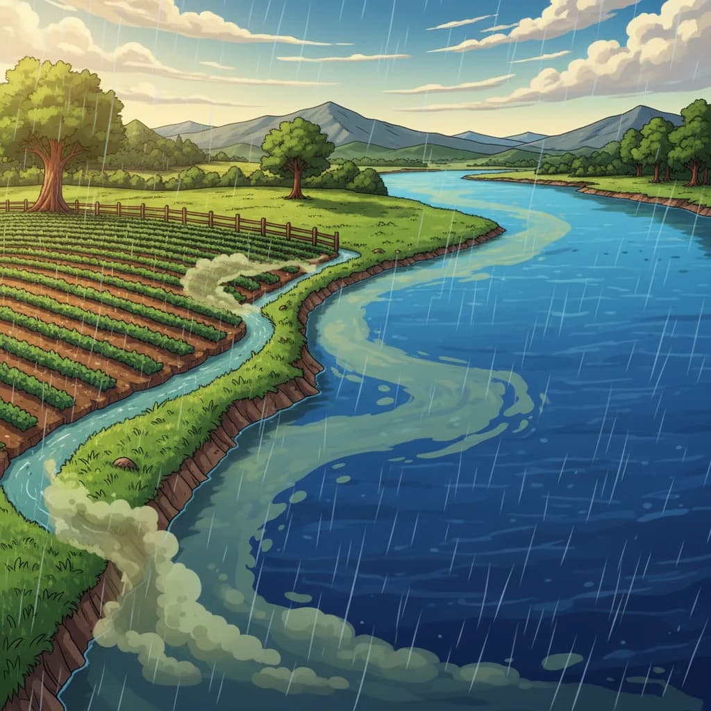Infographic showing how pesticide runoff travels from farms to waterways