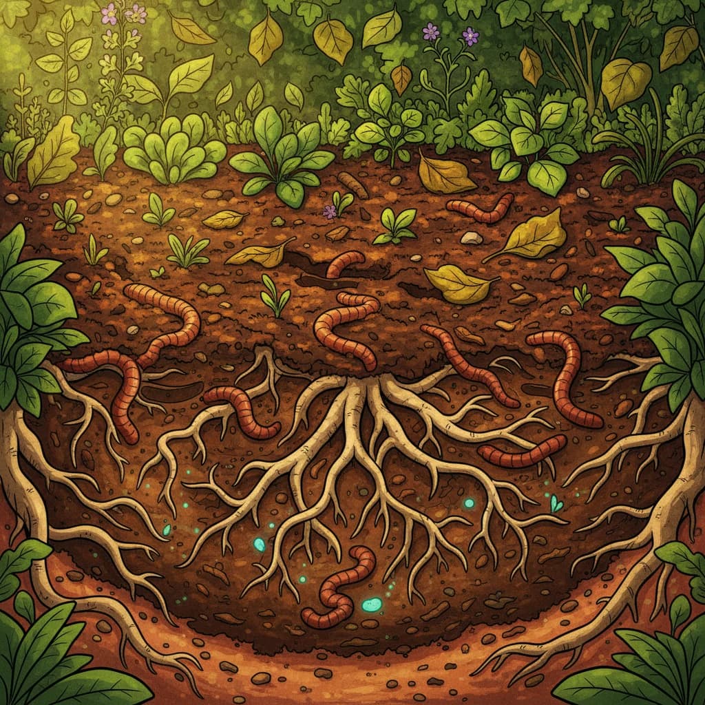 Layers of compost, mulch, and healthy soil teeming with life