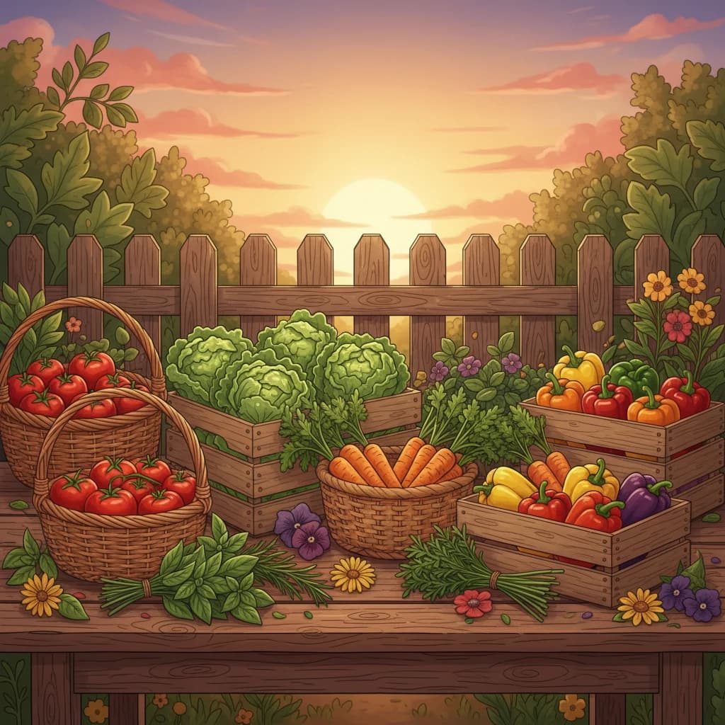 A complete harvest day — baskets of different crops sorted and ready for the kitchen