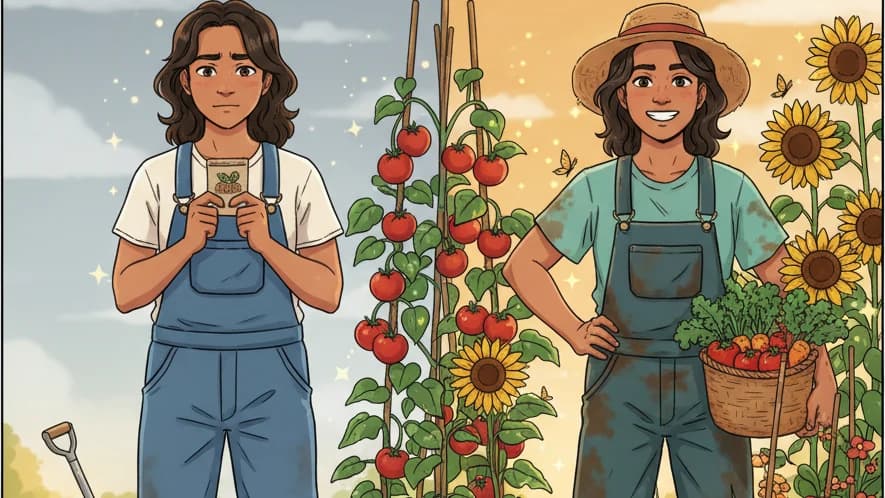 A transformation visual — from uncertain beginner to confident grower