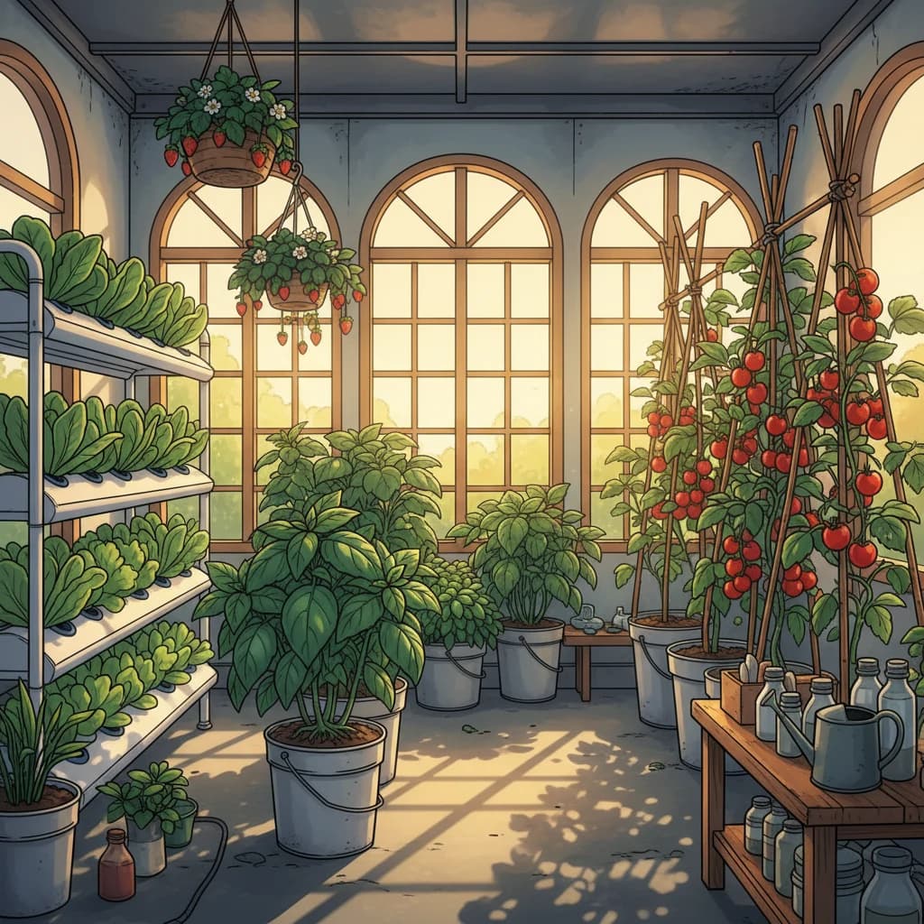 Various plants thriving in hydroponic systems — lettuce, herbs, tomatoes, strawberries