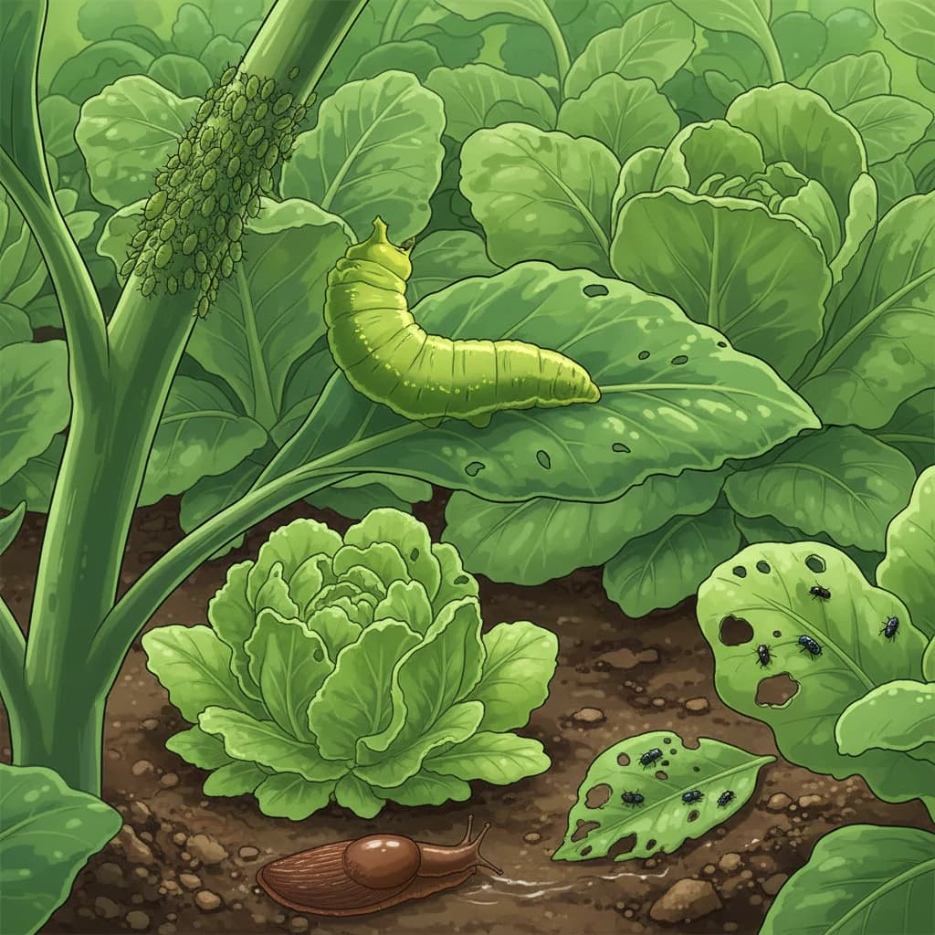 A visual guide showing common garden pests — aphids, cabbage worms, slugs, and flea beetles