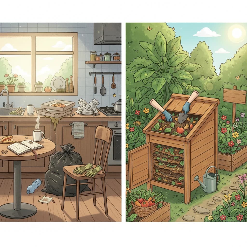 A side-by-side scene — left: a conventional kitchen with a trash bag full of