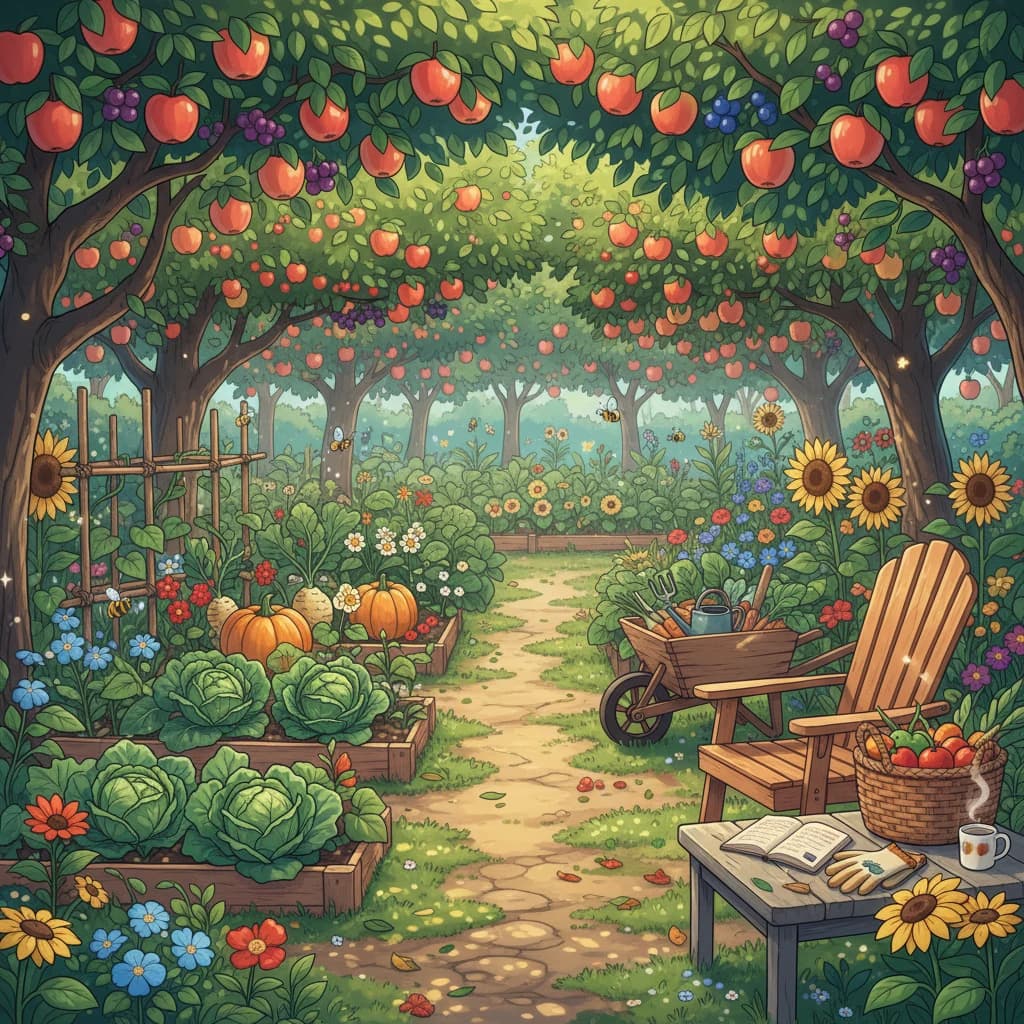 A garden five years into a small-and-slow approach — visibly mature, abundant