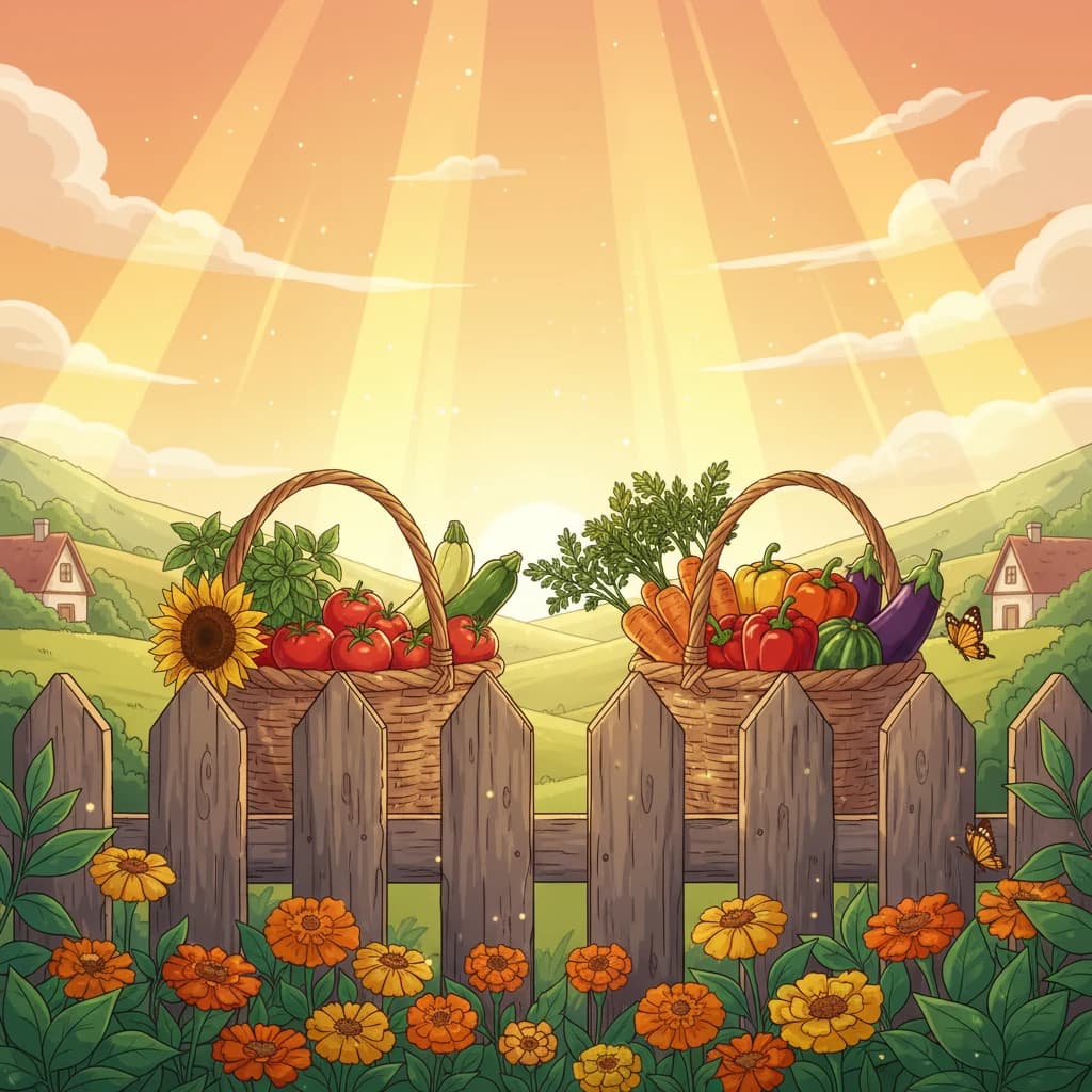 A neighbor exchange — baskets of produce being shared over a garden fence
