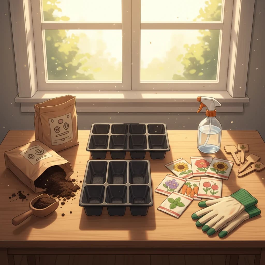 Seed starting supplies laid out on a table — trays, soil mix, seeds, spray bottle, and labels