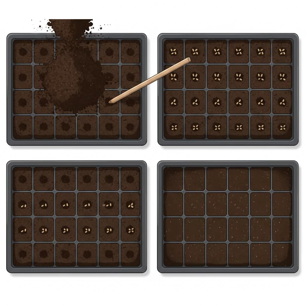 Step-by-step seed planting — filling trays, making holes, dropping seeds, covering with mix
