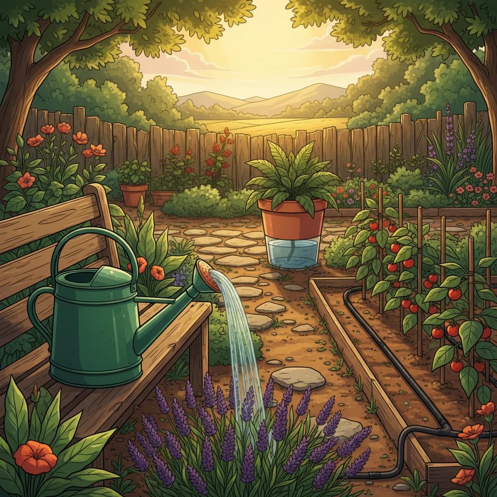 Different watering methods — watering can, drip system, and soaker hose