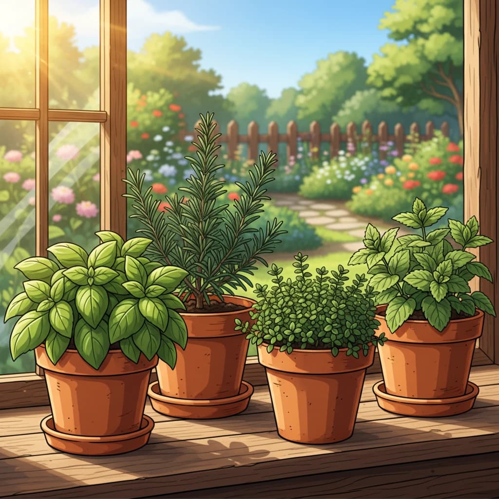A collection of common herbs — basil, mint, rosemary, thyme