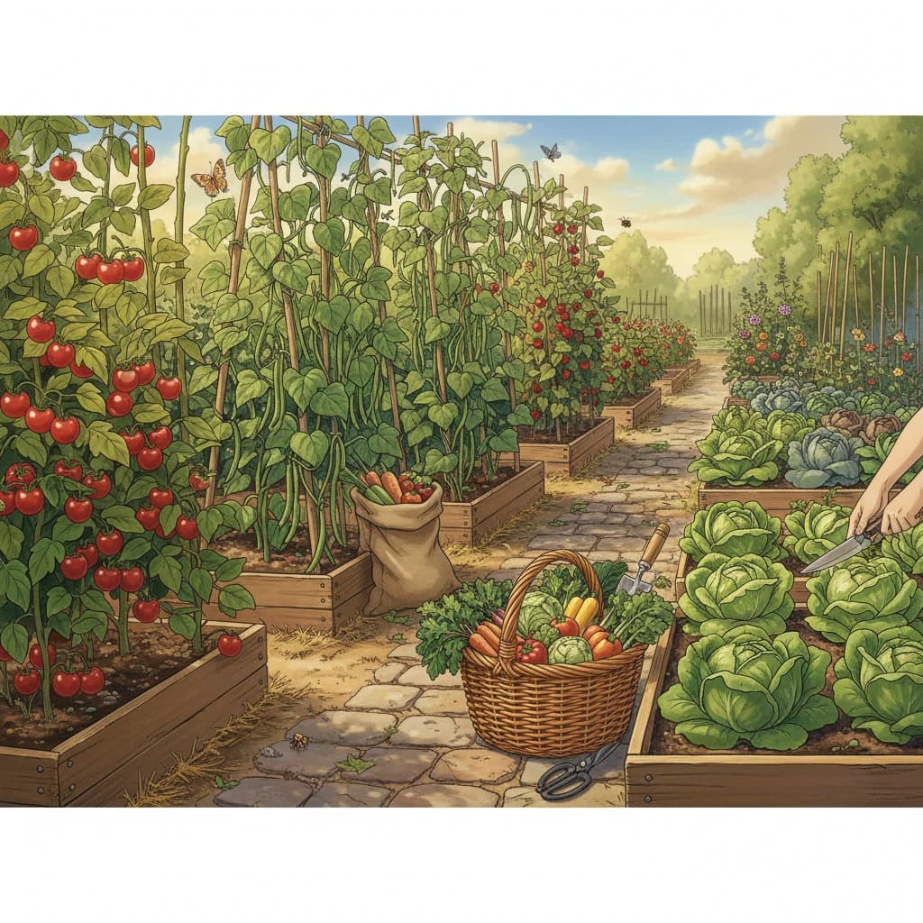 A productive garden with crops at different harvest stages — some ready to pick, some still growing