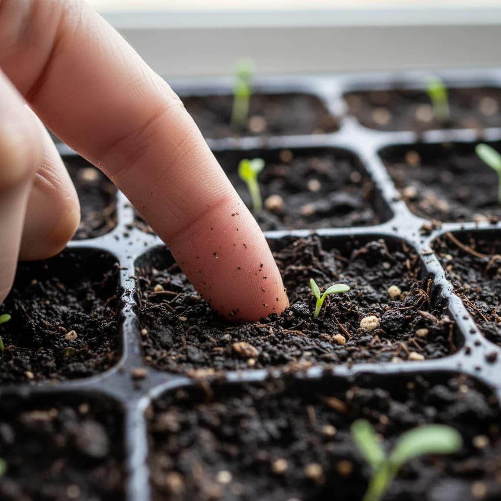 Photorealistic close-up photograph, a finger pressing gently into dark, moist seedling potting mix in a small cell tray, natural daylight