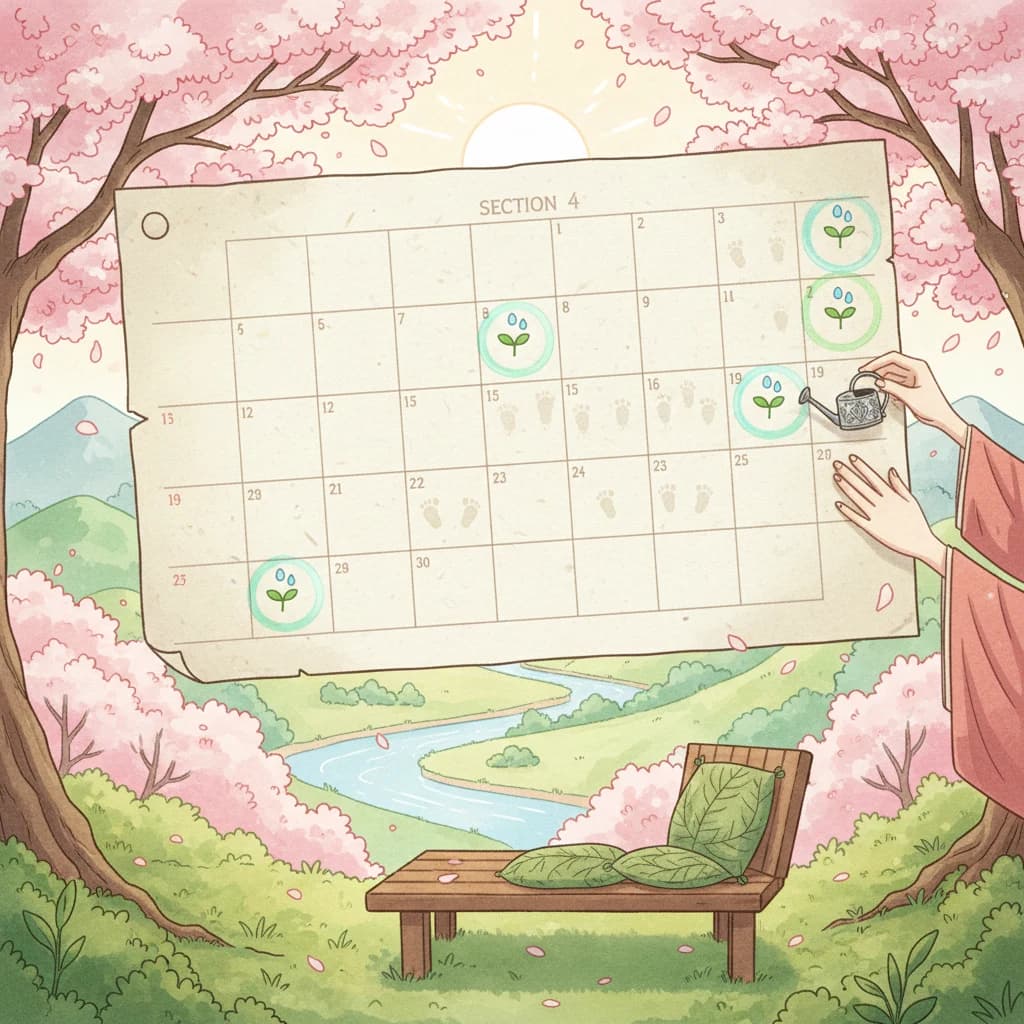 A 2D anime-style illustration showing a weekly calendar with small seedling icons and water drop symbols on certain days, soft pastel colors, natural background