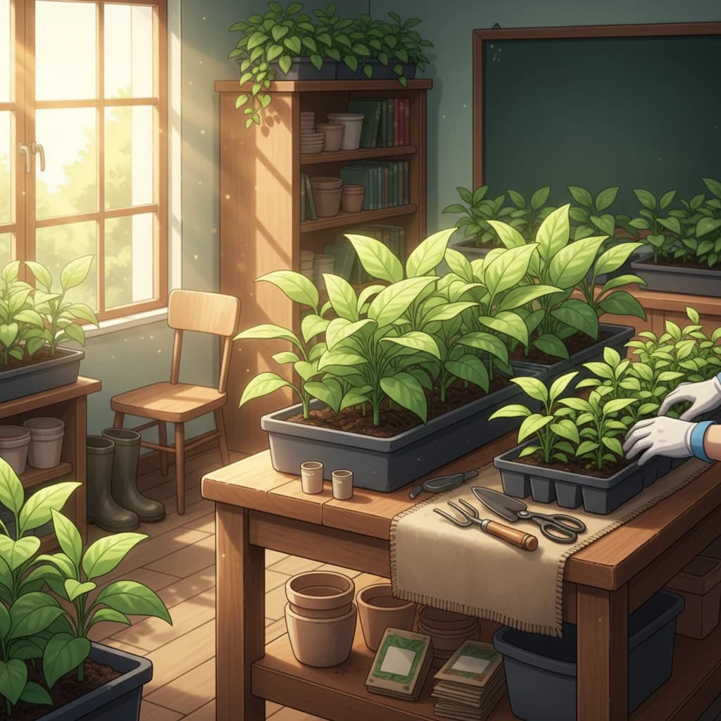 A 2D anime-style illustration of healthy green seedlings thriving in a bright, tidy growing space, warm sunlight, a sense of confidence and calm order