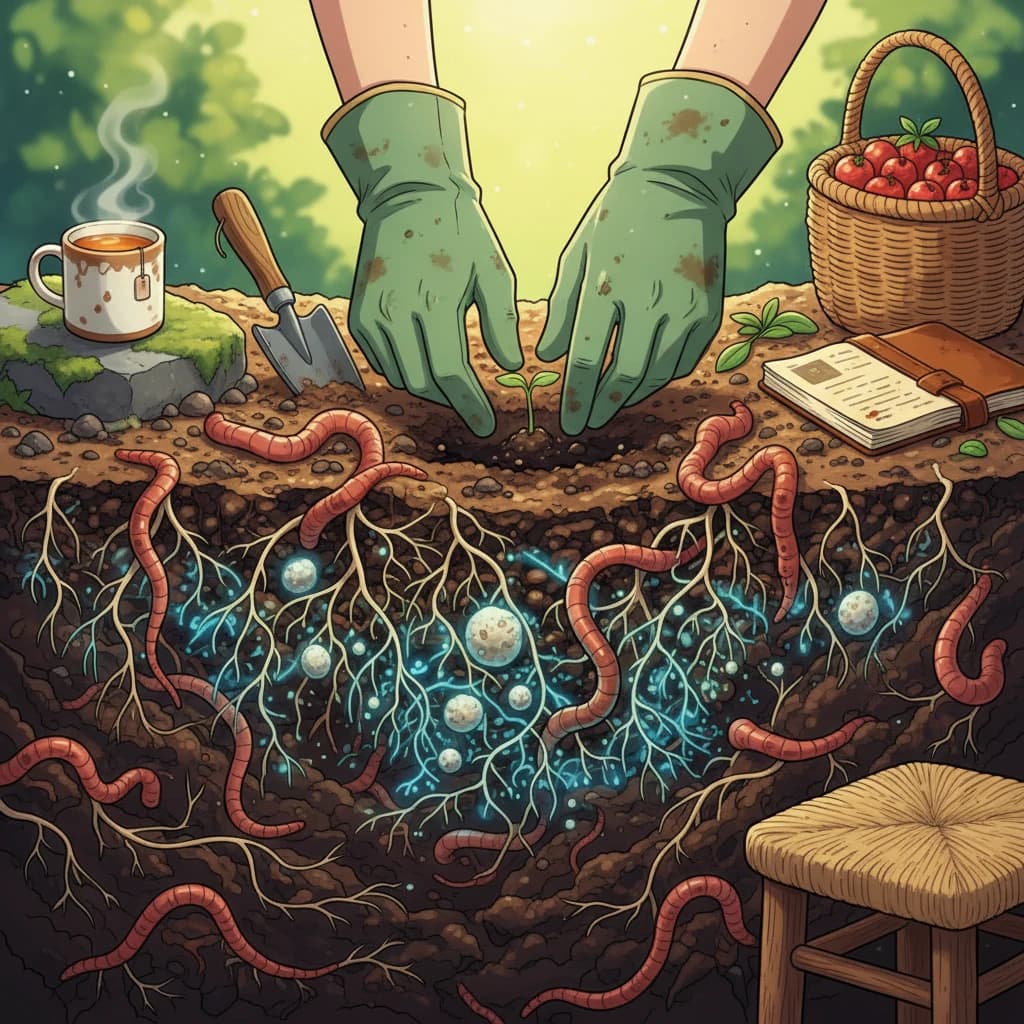 A close-up of dark, alive soil with worms, fine roots, fungal threads — the