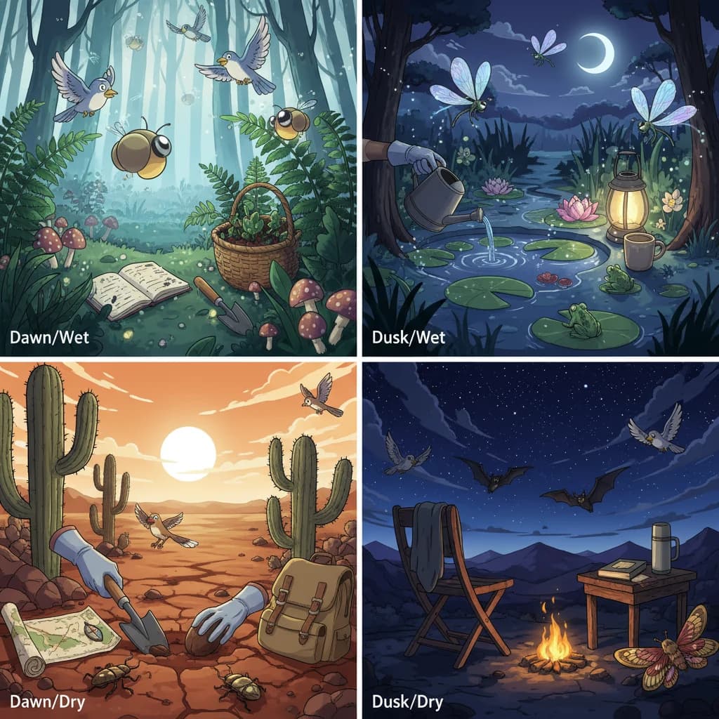 Four panels — temporal edge (dawn/dusk where birds + insects flip), wet/dry